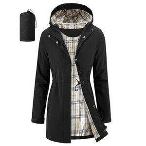 Women's Rain Jacket Packable Long Raincoat Hooded Plaid Lined Trench Coat